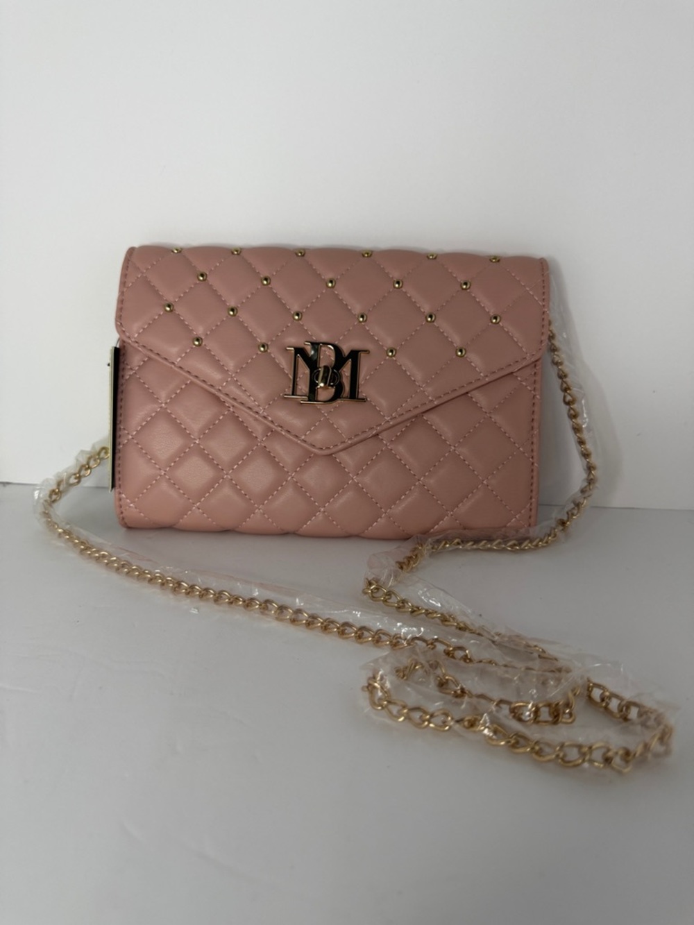 Badgley Mischka Quilted Pink Crossbody Clutch Gold Chain Vegan Leather New